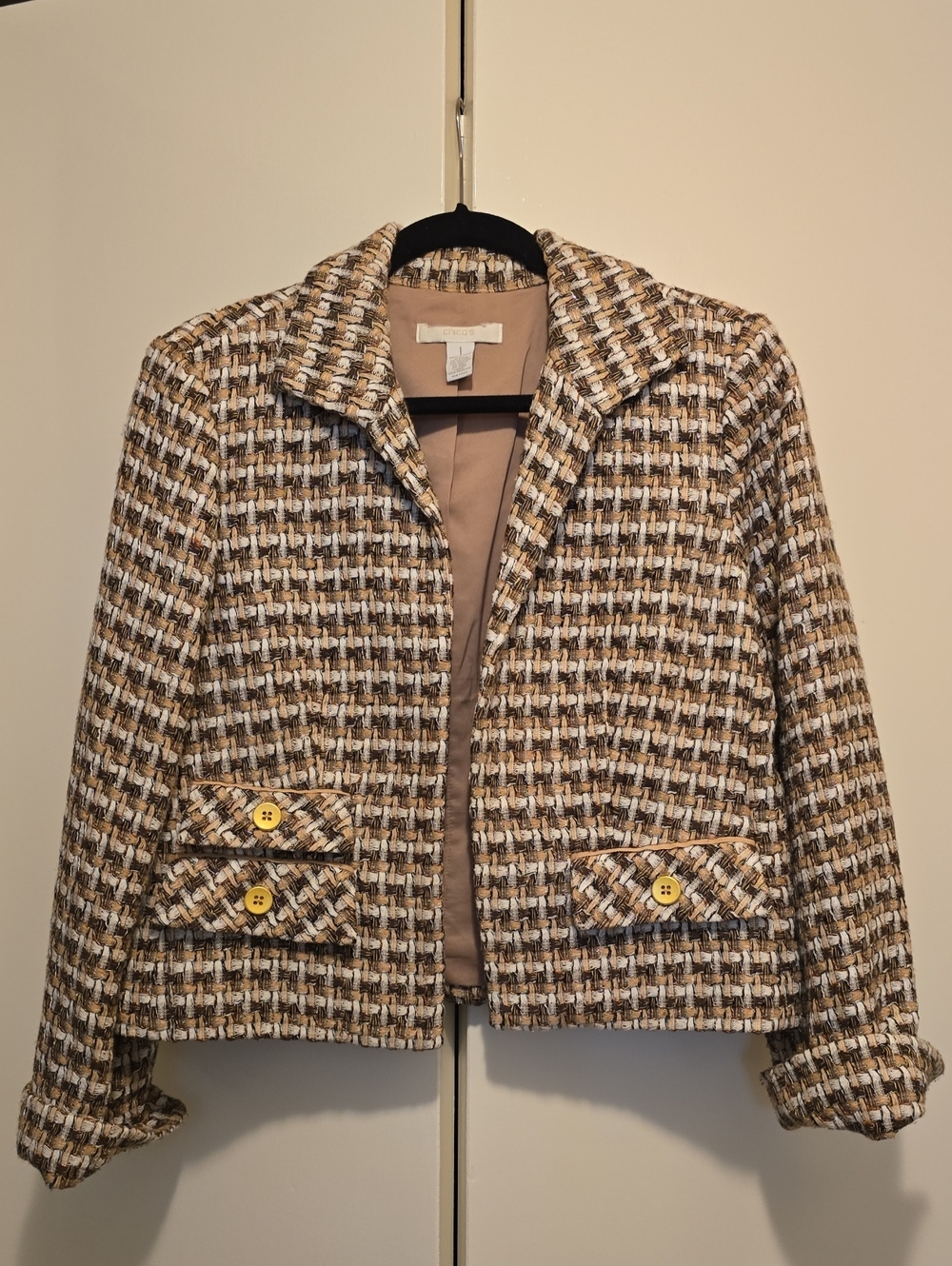 Chico's Tweed Cropped Blazer in Beige, White & Brown